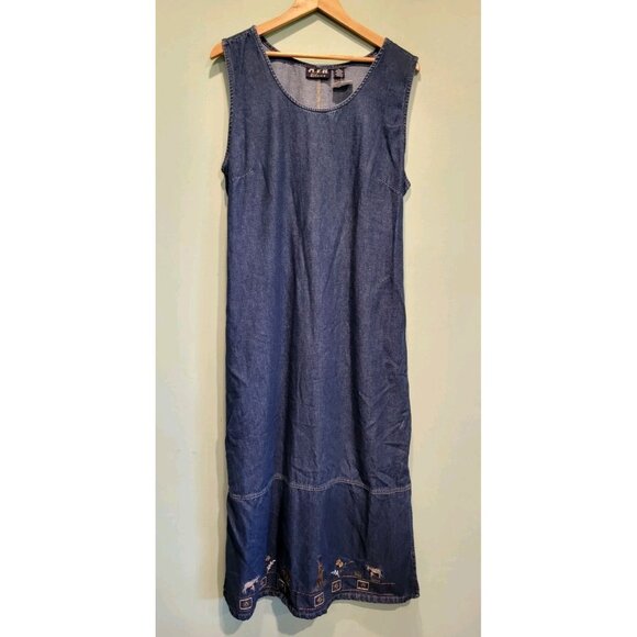 Vtg Deadstock Denim Safari Animal Embroidered Modest 2pc Maxi Dress & Jacket XL - Picture 6 of 14
